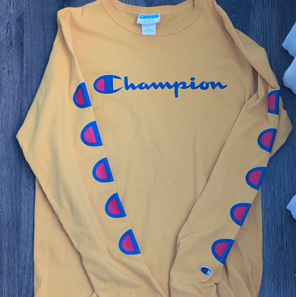 VTG Champion Mens Golden Yellow Script Logo Long Sleeve Men's Size L